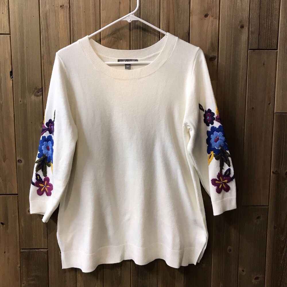 Jessica London Womens Sweater Ivory w/ Embroidered Floral Sleeves Size 14/16